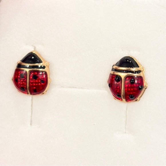 JCM Jewelry - Ladybug Gold Earrings: 14K solid yellow gold red black enamel vintage
